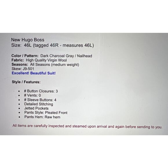 New Hugo Boss 46L 38x37 Dark Charcoal Gray Nailhead Designer Suit Virgin Wool - Picture 2 of 16